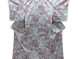 未使用品 垣根に草花模様織り出し手織り紬着物